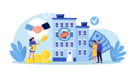 Family buying house or renting apartment with real estate agency. People signing documents, agents showing apartments. Real estate agent or broker helping couple to choose home. Investment property