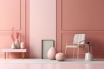 Fototapeta na wymiar Minimal style interior of a modern room with pink walls, vases, picture frame and a white chair, generative, AI, Generative AI.