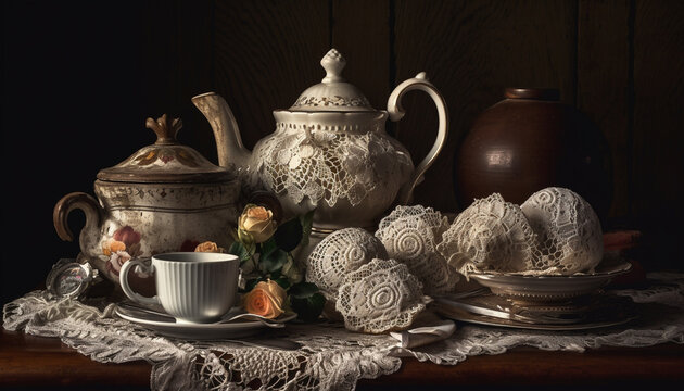 Antique teapot and cups, a nostalgic still life generated by AI