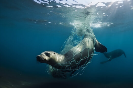 Seal entangled in plastic in the ocean. Environmental problem of plastics. Protection of wildlife. Animals in danger.