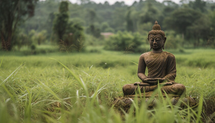 Meditating in lotus position, surrounded by nature generated by AI