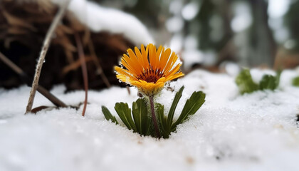 Yellow flower blooms in snowy winter forest generated by AI