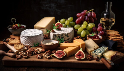 Rustic table with gourmet cheese and wine generated by AI