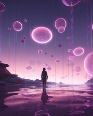 Obraz premium Calm Violet dreamy landscape. Soft Sunset sky. Magic glowing bubbles reflecting in a water. Fairytale wallpaper. Fantasy scene. Generative AI illustration.