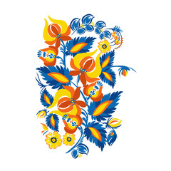 Traditional Ukrainian painting of Petrykivka. Elements of blue and yellow floral ornament. Decorative composition.