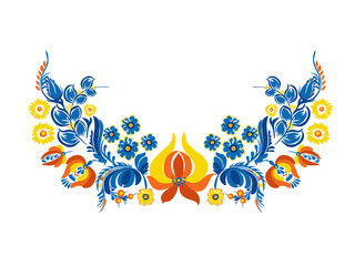 Traditional Ukrainian painting of Petrykivka. Elements of blue and yellow floral ornament. Decorative composition.