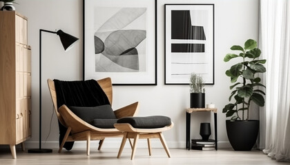 Stylish scandinavian composition of living room with design armchair, black mock up poster frame, commode, wooden stool, book, decoration, loft wall and personal , generative ai 