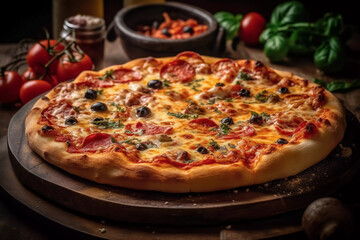 Obraz na płótnie Canvas Fresh out the oven. delicious cheesy pizza