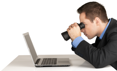 Businessman Using Binoculars and Looking a Laptop