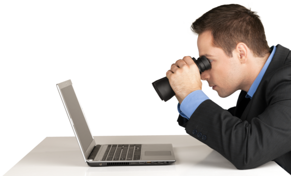 Businessman Using Binoculars and Looking a Laptop