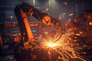 Welding sparks close-up, Welding robots, active in production factories,  Generative AI 