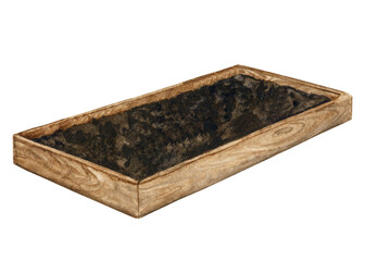 Wooden garden bed for growing herbs and vegetables. Watercolor element on the theme of gardening, spring seedlings, growing vegetables.
