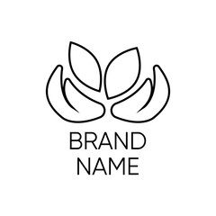 Black line logo with leaves in hands on white background. Eco logo