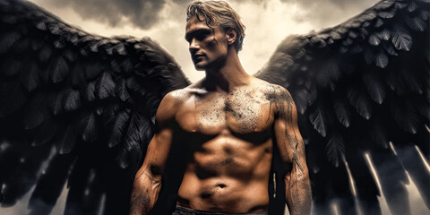 Fototapeta na wymiar Dark Warrior angel with massive wings. Fallen dark angel. digital ai art