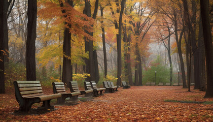 Naklejka premium Vibrant autumn leaves create bench side tranquil bliss generated by AI