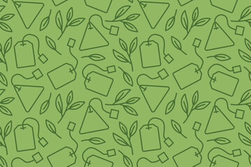 green tea seamless pattern with leaves and tea bags icons  - vector illustration