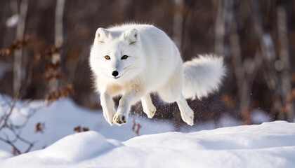 Obraz premium Fluffy puppy running in snow, cute nose generated by AI
