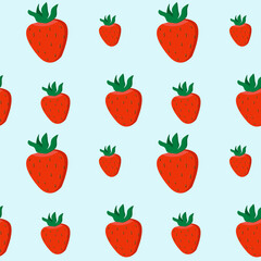 Strawberry seamless vector pattern. Red strawberries and green leaves on blue background