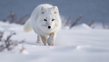 Obraz na płótnie Canvas Fluffy Samoyed puppy running in winter snow generated by AI