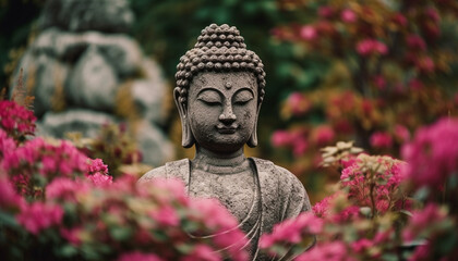 Buddha statue meditates among pink flowers in forest generated by AI