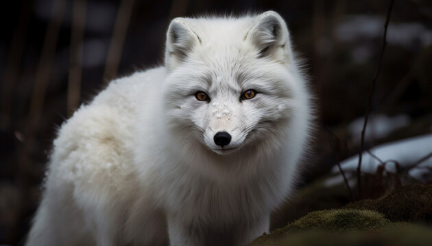 Fluffy arctic wolf sitting in winter forest generated by AI