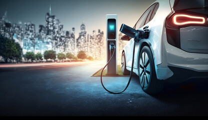 EV charging station for electric car in concept of green energy and eco power produced from sustainable source to supply to charger station in order to reduce CO2 emission .
 - obrazy, fototapety, plakaty