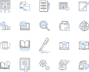 Fototapeta premium Writing supplies line icons collection. Pens, Pencils, Markers, Highlighters, Crayons, Sharpie, Gel Pens vector and linear illustration. Ink,Calligraphy,Brush Pens outline signs set