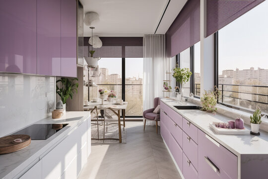 Cozy modern kitchen for woman, lilac light colors. Super photo realistic background, generative ai illustration
