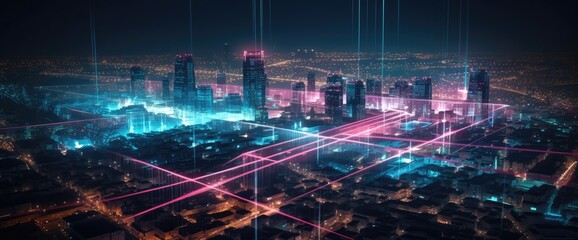 Futuristic Cityscape with Abstract Dots, Gradient Lines, and Intricate Wave Designs, Symbolizing Advanced Big Data Connectivity Technology. Generative AI