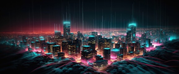 Futuristic Cityscape with Abstract Dots, Gradient Lines, and Intricate Wave Designs, Symbolizing Advanced Big Data Connectivity Technology. Generative AI
