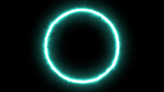 Abstract energy glowing colorful circle with moving particles on black background. Changing the color background animation. Energy waves slightly moving creating a perfect circle. Full HD perfect loop