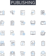 Publishing line icons collection. Printing press, Bookmaking, Magazine creation, Article releasing, Report production, Newsletter issuing, Journal publication vector and linear illustration. Report