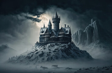 Naklejka premium a castle sitting on top of a snow covered hill, dark castle, gothic art 