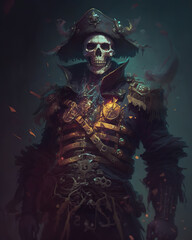 a painting of a skeleton in a pirate costume, skeleton pirate, dark fantasy art 