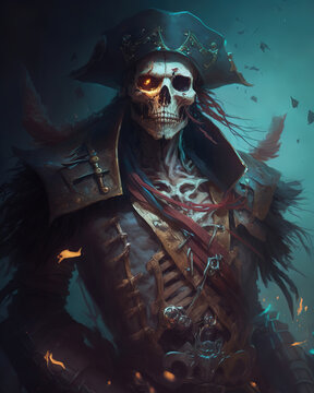 a painting of a skeleton in a pirate costume, skeleton pirate, dark fantasy art 
