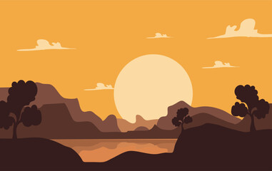 Fototapeta premium Mountain landscape vector illustration. Cartoon flat panorama beautiful nature, forest, mountains on horizon