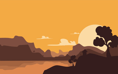 Mountain landscape vector illustration. Cartoon flat panorama beautiful nature, forest, mountains on horizon