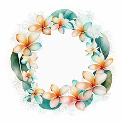 Plumeria flowers forming frame, celebrative card template, wedding design, holiday and vacation. On white. - 594435158
