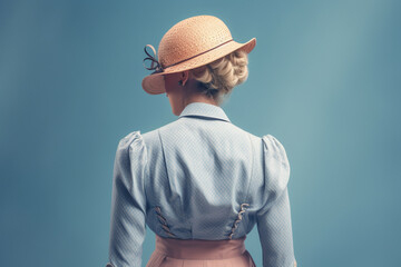 Elegance and vintage dressed woman in dress and hat in 1950s style on blue background, back side view, created with Generative AI Technology - 594435307