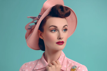 Elegance and vintage dressed woman in pink dress and hat in 1950s style on blue background, created with Generative AI Technology