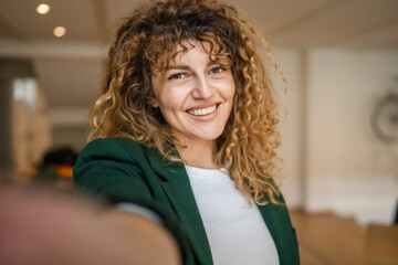 self Portrait of caucasian woman stand happy confident at cafe indoor