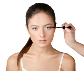 Woman applying mascara isolated on white background