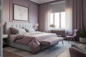 Fototapeta na wymiar Cozy bedroom for woman, lilac light colors. Super photo realistic background, generative ai illustration