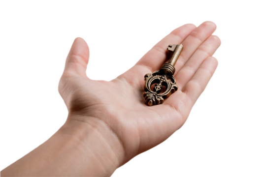 Vintage key in hand isolated on white