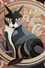 ai generated, cat ilustration, 1920s and 30s aesthetic, art deco paterns