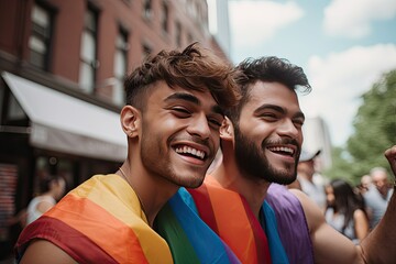 Young gay couple dancing at an outdoor pride party