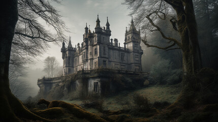 Haunted castle with ghostly figures, atmospheric sky and clouds, surrounded by natural landscape, with trees and plants, tower and window, reminiscent of a painting, generative AI.