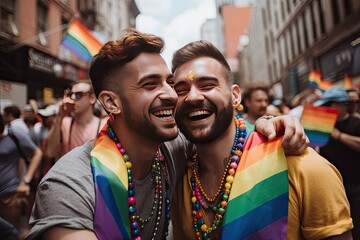 Young male gay couple celebrating and dancing at a Pride Parade 