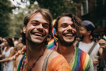 Young male gay couple celebrating and dancing at a Pride Parade 