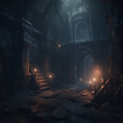 Dark castle dungeon with eerie underground atmosphere, illuminated by automotive lighting at midnight in the city. Fog, street lights, and mist add to the darkness and mystery of the road, generative